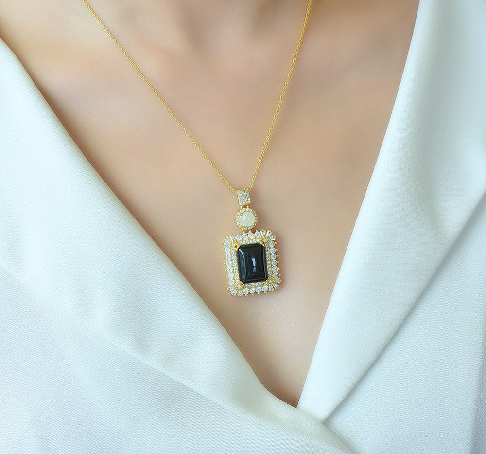 Square-cut Hetian Black Jade Pendant Necklace with Zircon Accents – Deep black, mysterious, luxurious, and elegant; comes with an exquisite gift box.