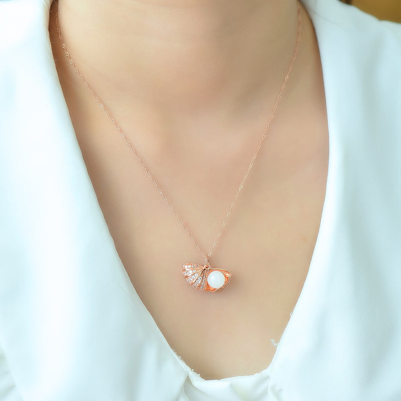Rose Gold Shell and Hetian Jade Necklace – Featuring Zircon Accents Set Along the Shell; The Perfect Gift for Yourself or a Loved One.