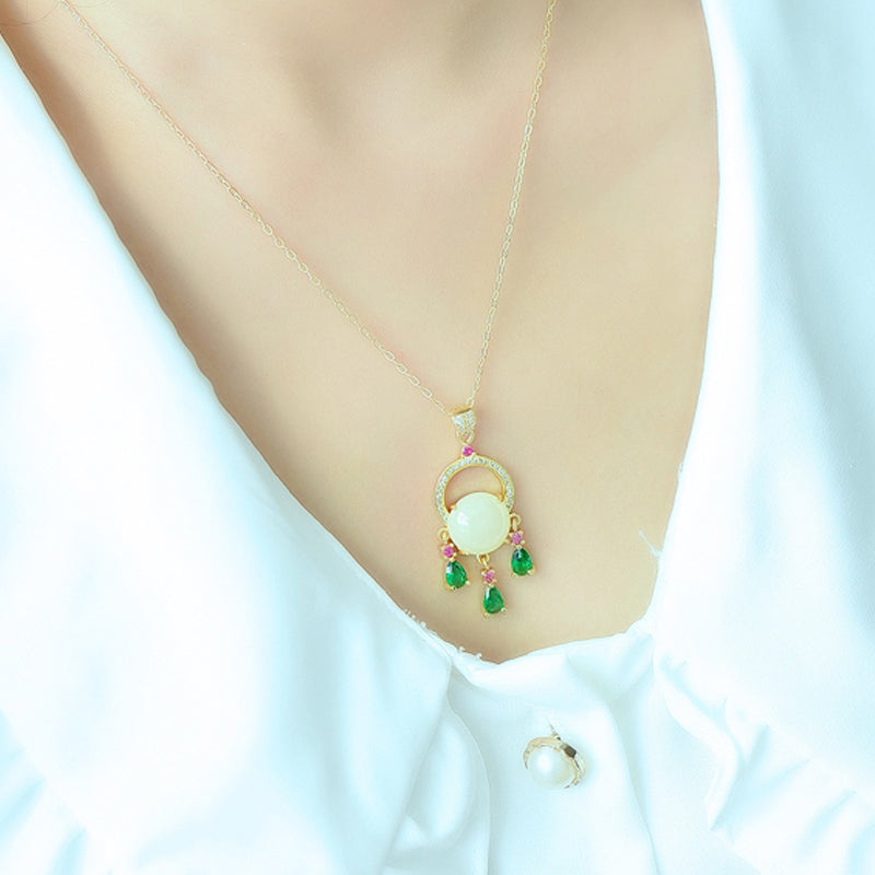 18K Gold, Hetian Jade, and Colored Gemstone Tassel Necklace — A precious gift for yourself or a loved one.