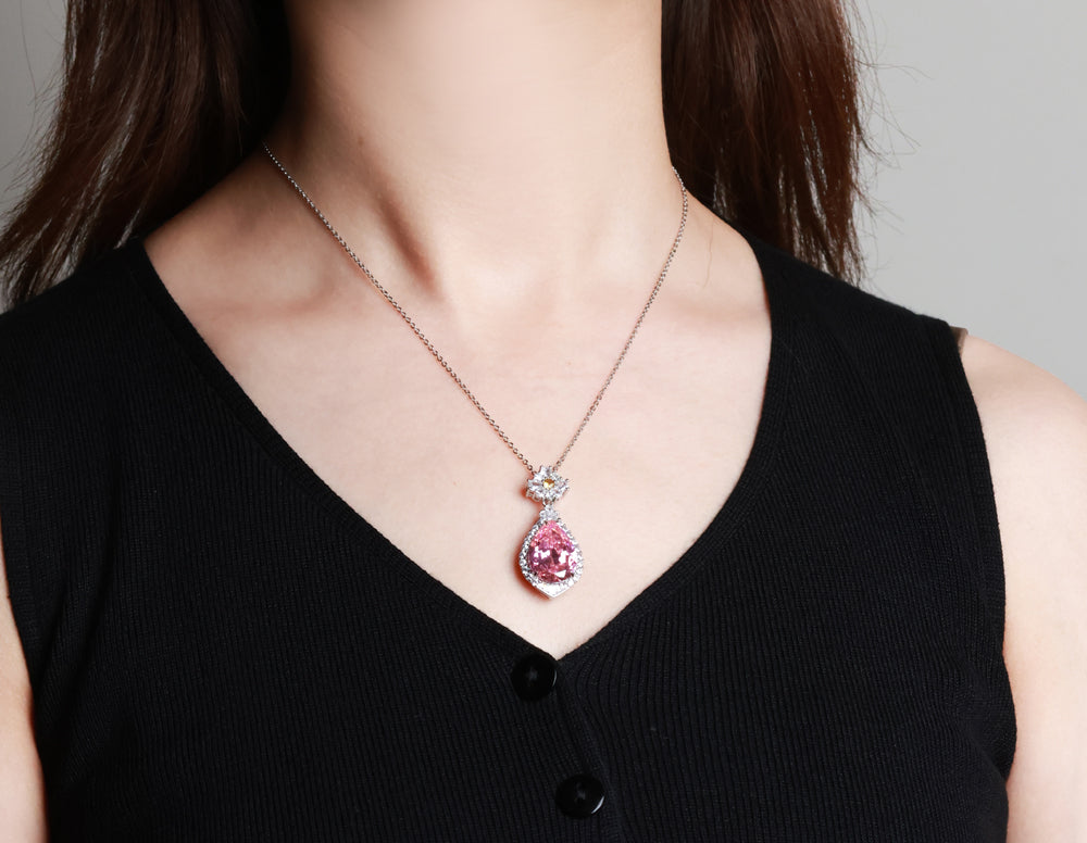 Pink Teardrop Gemstone Necklace – 925 Silver with Zircon Inlaid Floral Design, Vanadite Set Clasp, Exquisite Gift Box