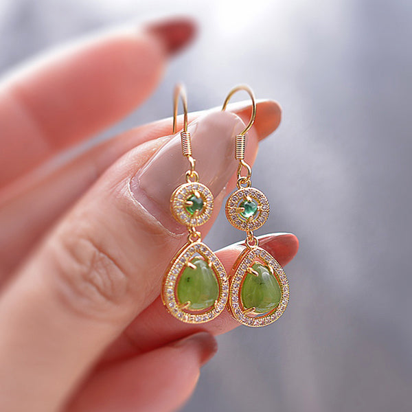 Pair of Hetan Spinach-Green Jade Teardrop Earrings – Featuring plump, vibrant jade stones; elegant, sophisticated, and rich in depth.