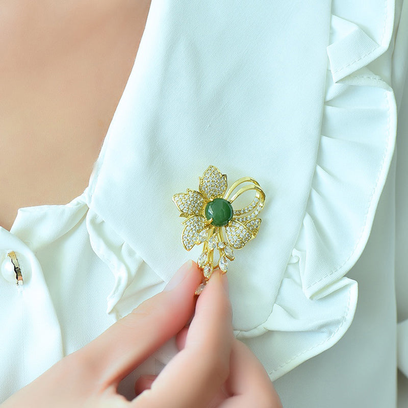 Jadeite Heart Butterfly Flower Brooch | Fully Inlaid Zircon Gold-Plated Tassel Brooch with Exquisite Inlay Exquisite Gift Box