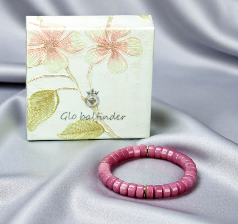Pink Sugilite Elastic Bracelet featuring Tablet-Shaped Beads and Gold Spacer Rings—Matte Finish, Sweet Girly Style, Gentle and Romantic.