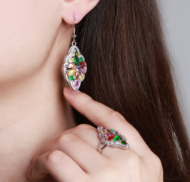 925 Silver Pear-shaped multicoloured gemstone pendant, ring, earrings 3-piece set, the best jewellery gift for mum and wife, comes in a beautiful box