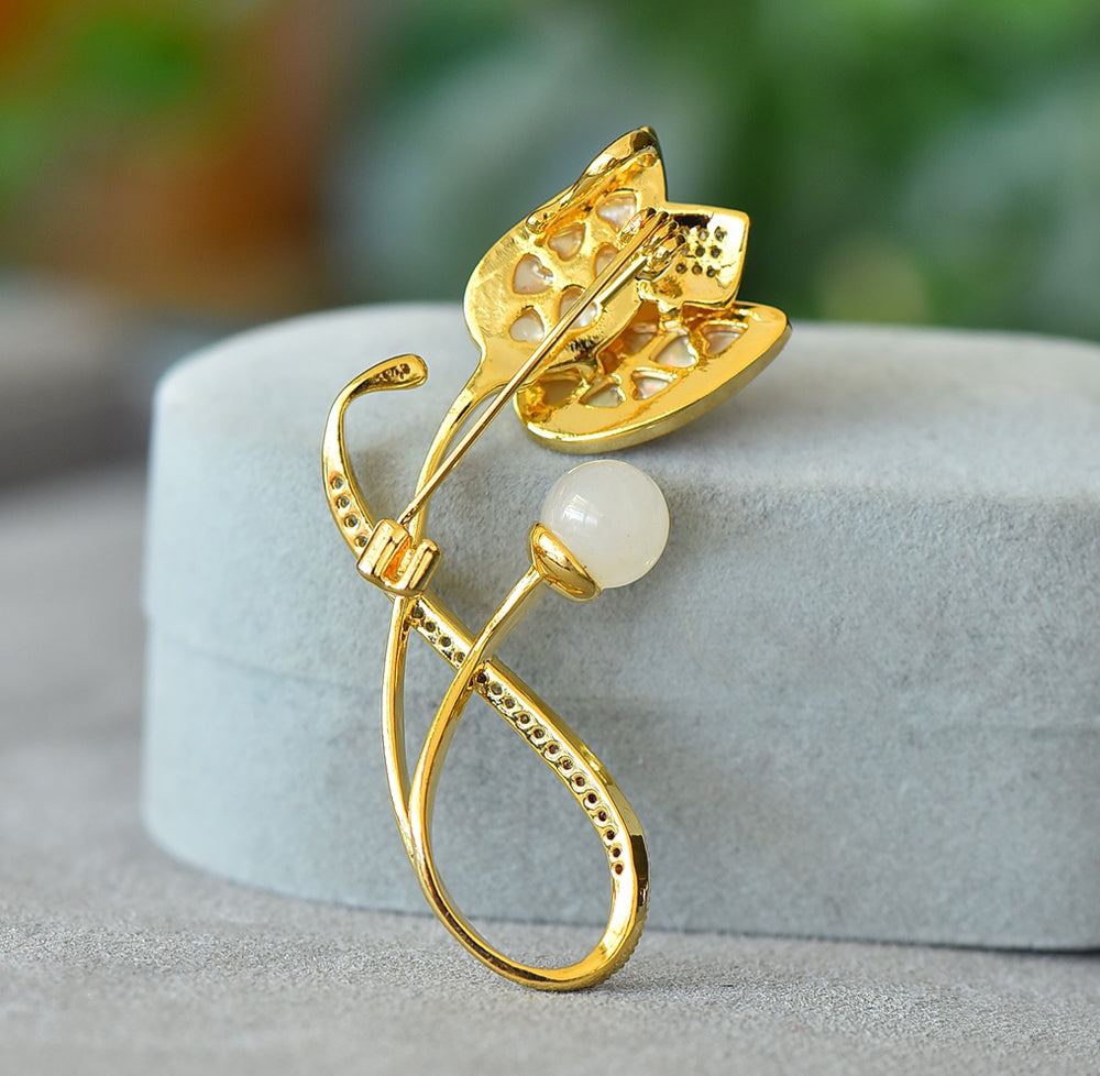 White Jade Grandma Mothers Peony Flower Brooch Pin Fashion Jewelry Gift Box