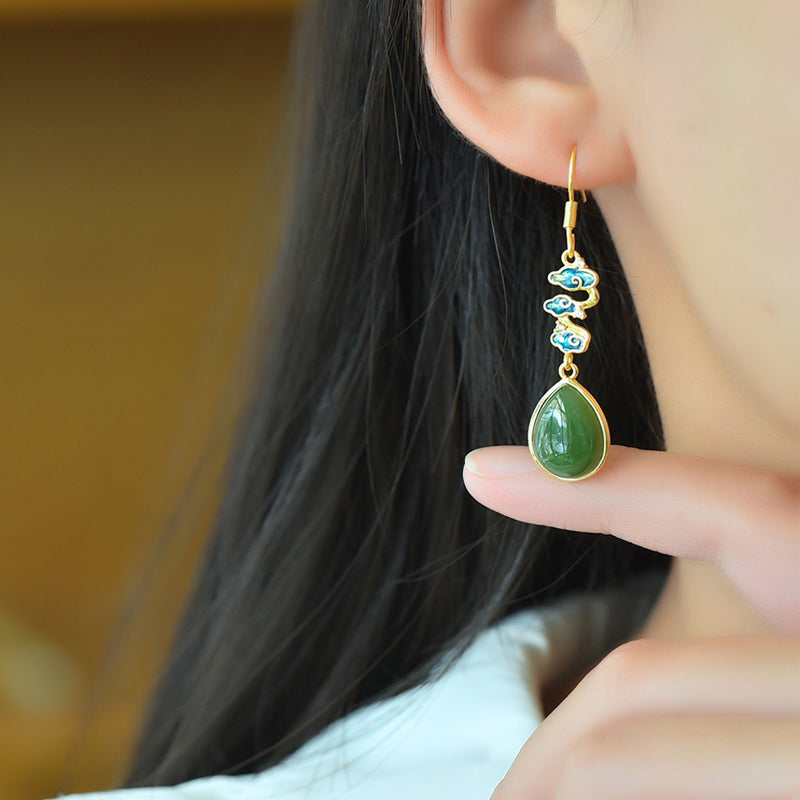A pair of Hetian jade teardrop enamel auspicious cloud earrings – Classic Chinese style, elegant and lively, bringing good fortune and happiness.