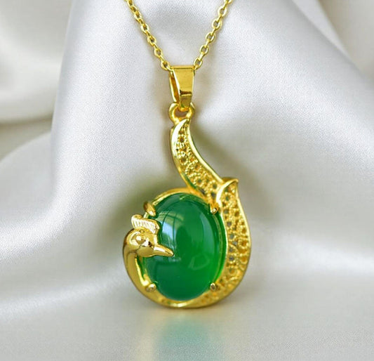 Phoenix-shaped emerald jade necklace – Golden phoenix tail feathers inlaid with emerald jade best gift Comes with an exquisite gift box