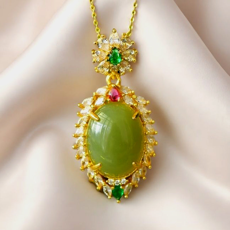 "Snowflake-Topped Pendant Necklace: Verdant Hetian Jade Accented with Ruby and Zircon Petals—An Elegant and Luxurious Design   Comes with a beautiful gift box