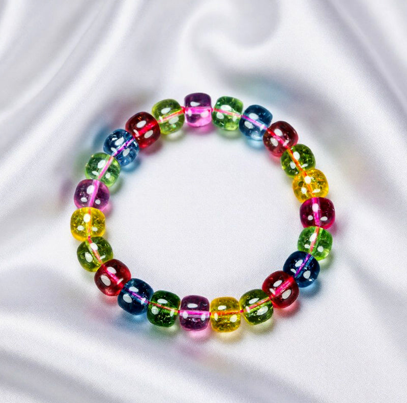 Multi-colored tourmaline barrel bead elastic bracelet - rose red, blue, olive green, yellow, purple, and other colors, crystal clear like rainbow candy.