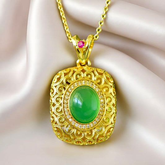 Emerald green chalcedony with gold openwork scroll pattern and square pink gemstone clasp - bright emerald green, magnificent and elegant.