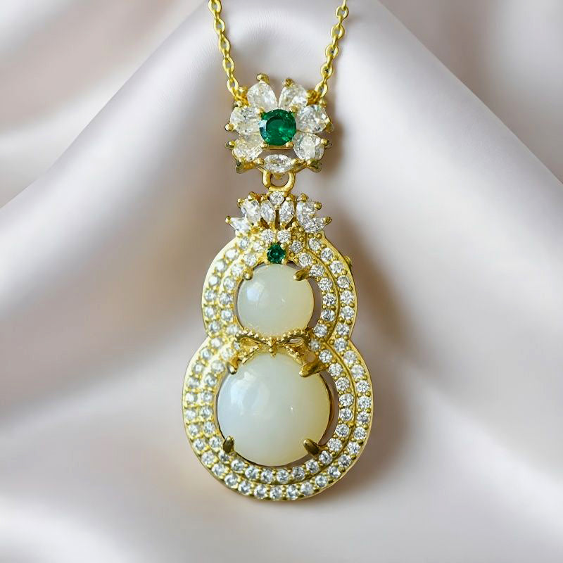 Gourd-Shaped 18K Gold Hetian Jade Necklace, Double-Layer Zircon Setting, Golden Corolla Clasp with Emerald, Symbolizing Fortune & Longevity
