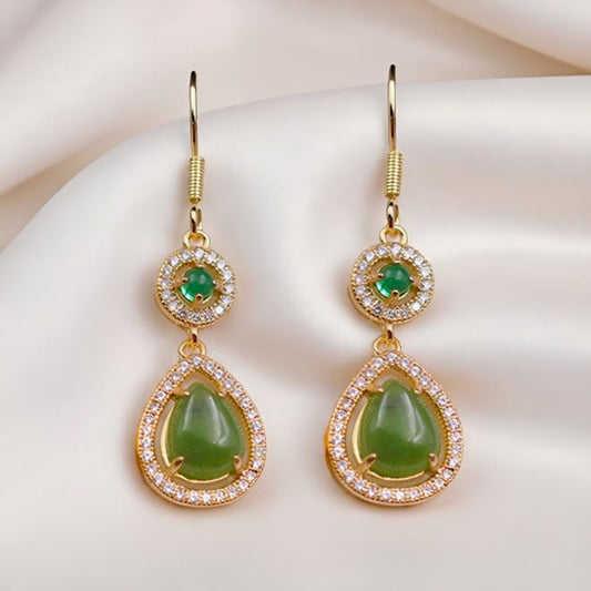 Pair of Hetan Spinach-Green Jade Teardrop Earrings – Featuring plump, vibrant jade stones; elegant, sophisticated, and rich in depth.