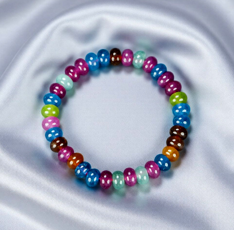 Tourmaline Colorful Candy Flat Round Bead Elastic Bracelet: Rose Red, Blue, Brown, Orange, Green, Mint - A Lively Mix of Colors