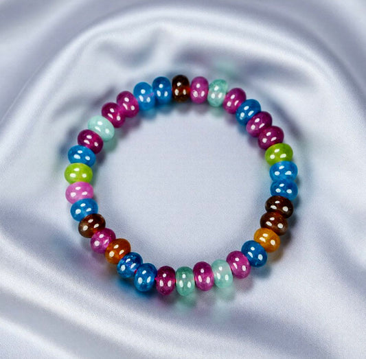 Tourmaline Colorful Candy Flat Round Bead Elastic Bracelet: Rose Red, Blue, Brown, Orange, Green, Mint - A Lively Mix of Colors