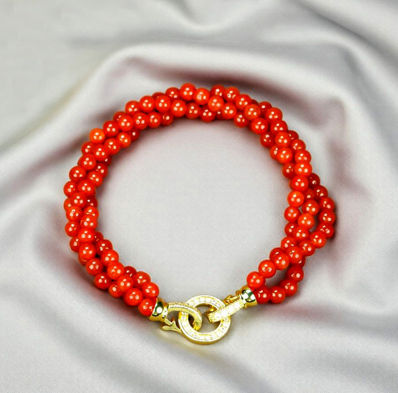 Natural red agate small round bead three-row bracelet – gold ring clasp for auspiciousness, good fortune, and protection from evil.