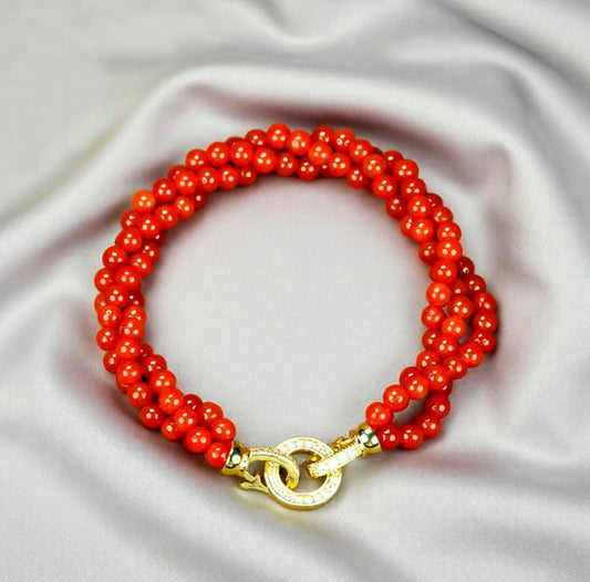 Natural red agate small round bead three-row bracelet – gold ring clasp for auspiciousness, good fortune, and protection from evil.