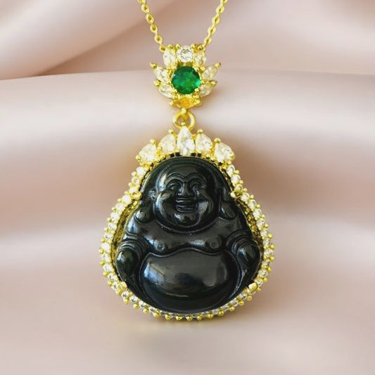 Hetian black jade Maitreya Buddha pendant necklace with gold-set zircon edges – The ever-smiling Maitreya brings peace, blessings, and good fortune.