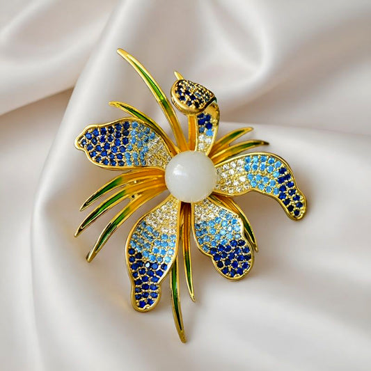 Blue gradient orchid brooch made of Hetian white jade | Full-coverage zircon enamel gold-plated orchid corsage  Exquisite gift box