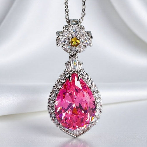 Pink Teardrop Gemstone Necklace – 925 Silver with Zircon Inlaid Floral Design, Vanadite Set Clasp, Exquisite Gift Box