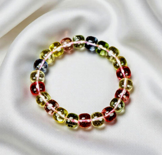 Colorful Tourmaline Elastic Bracelet with Red, Green, Blue, and Yellow Transparent Beads and Elastic Cord - Dreamy and Romantic