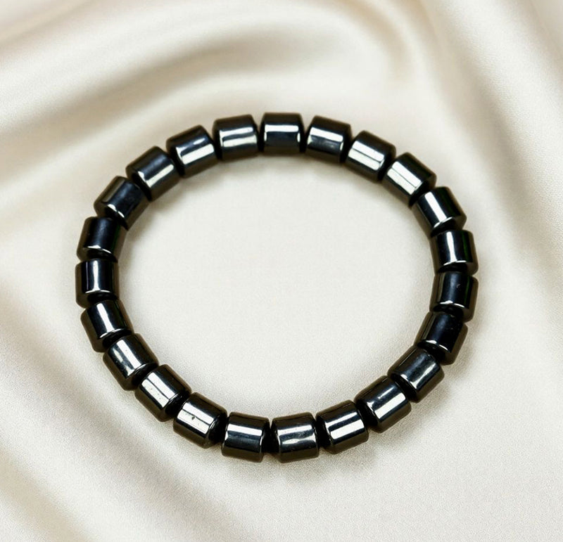 Black Terahertz Barrel Bead Elastic Bracelet – Natural metallic luster, magnetic therapy, health benefits, simple and rugged, suitable for both men and women.