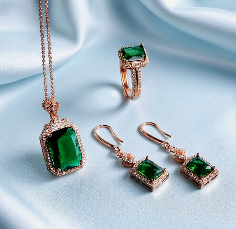 Rose Gold Emerald Square Pendant, Ring, Drop Earrings 3-Piece Set, Best Jewellery Gift for Mum and Wife, Comes in a Wonderful Box