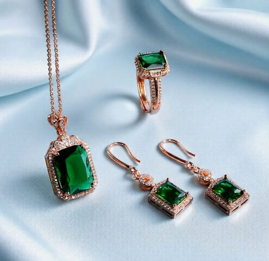 Rose Gold Emerald Square Pendant, Ring, Drop Earrings 3-Piece Set, Best Jewellery Gift for Mum and Wife, Comes in a Wonderful Box