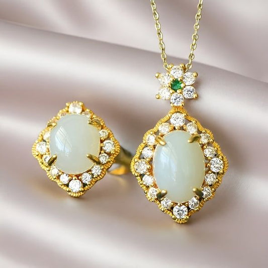 Set Handmade Inlay White Jade Women Lady Wedding Ring Necklace Fashion Jewelry Gift Box
