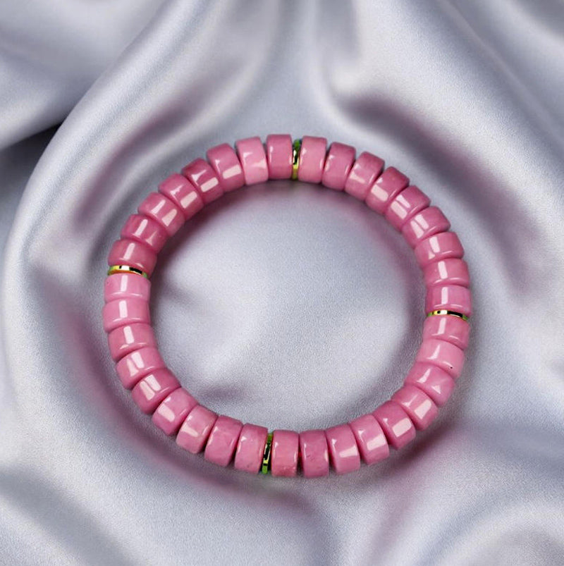 Pink Sugilite Elastic Bracelet featuring Tablet-Shaped Beads and Gold Spacer Rings—Matte Finish, Sweet Girly Style, Gentle and Romantic.