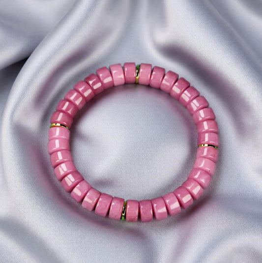 Pink Sugilite Elastic Bracelet featuring Tablet-Shaped Beads and Gold Spacer Rings—Matte Finish, Sweet Girly Style, Gentle and Romantic.