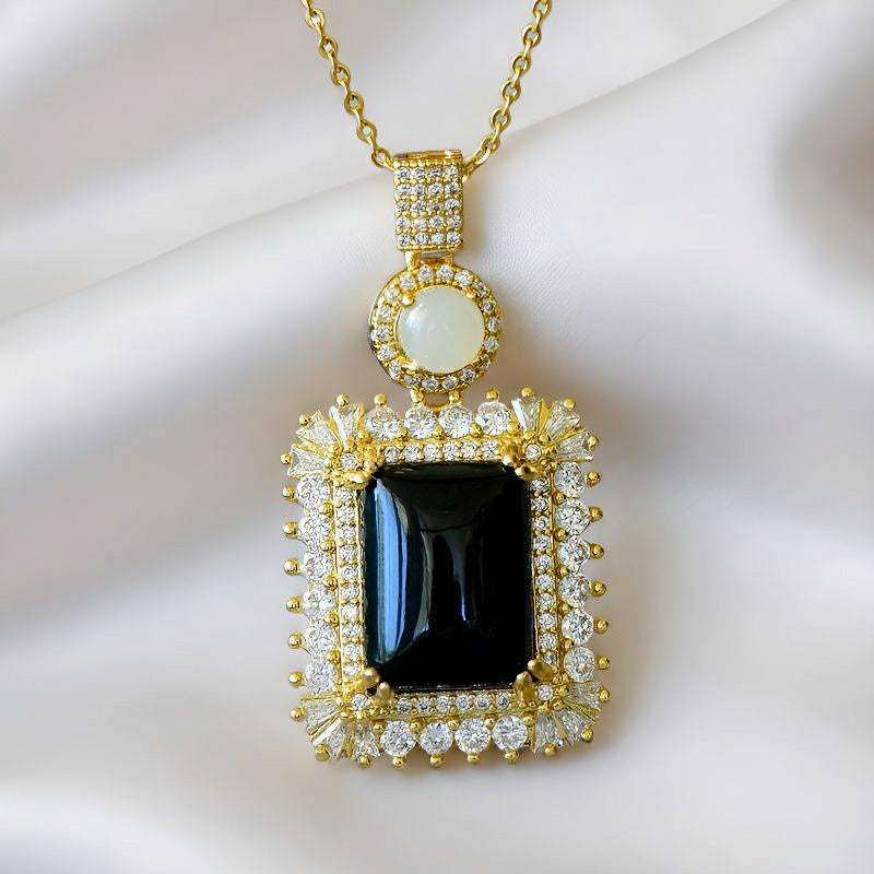 Square-cut Hetian Black Jade Pendant Necklace with Zircon Accents – Deep black, mysterious, luxurious, and elegant; comes with an exquisite gift box.
