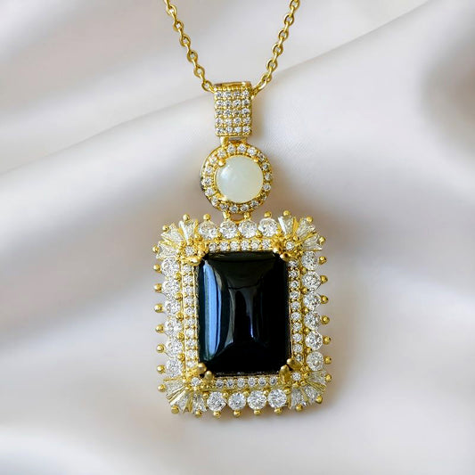 Square-cut Hetian Black Jade Pendant Necklace with Zircon Accents – Deep black, mysterious, luxurious, and elegant; comes with an exquisite gift box.