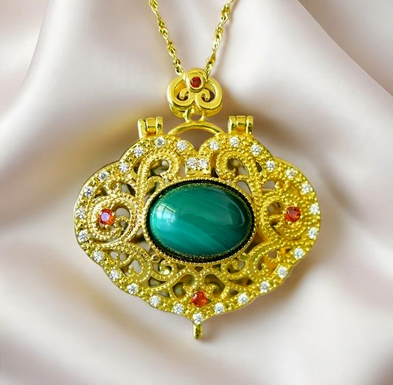 Malachite Necklace with Gold Openwork Scrollwork and Ornate Palace-Style Frame – Vibrant Green Natural Patterns, Opulent and Grand Style