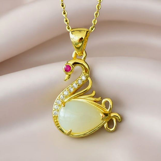 18K Gold Swan Necklace with Hetian Jade, Ruby, and Zircon – Suitable for Daily Wear, Dates, and Gifting