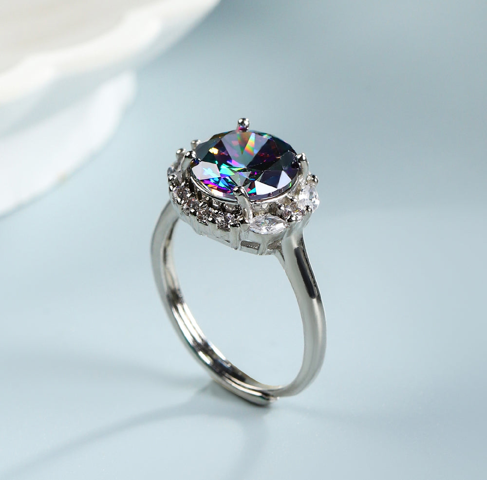 Iridescent Round Gemstone Open Silver Ring – Rainbow Refraction & Zircon Inlay – Adjustable Band – Includes Exquisite Gift Box
