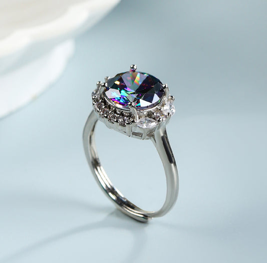 Iridescent Round Gemstone Open Silver Ring – Rainbow Refraction & Zircon Inlay – Adjustable Band – Includes Exquisite Gift Box