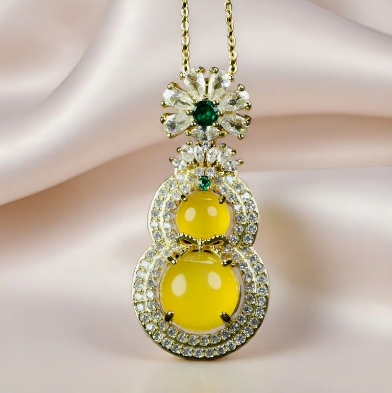 Yellow Agate Gourd Necklace – Accented with Double-Layer Zircon; Symbolizing Abundant Wealth and Double Blessings (Fortune and Longevity)  Exquisite gift box