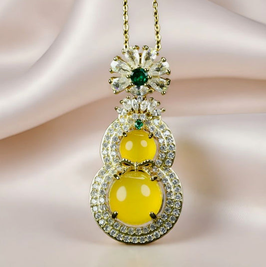 Yellow Agate Gourd Necklace – Accented with Double-Layer Zircon; Symbolizing Abundant Wealth and Double Blessings (Fortune and Longevity)  Exquisite gift box