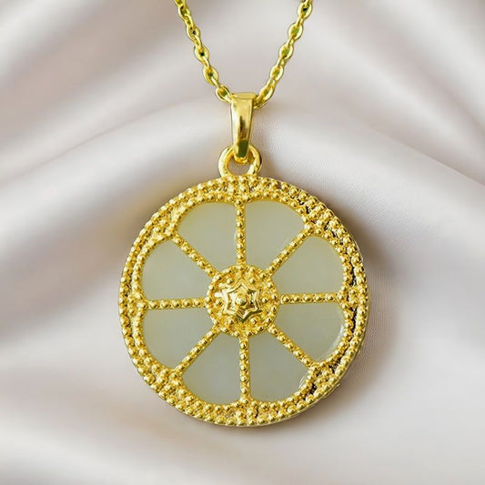 Round Dharma Wheel Necklace with Eight-Petaled Flower Hetian Jade Constructed with white jade segments separated by golden spokes