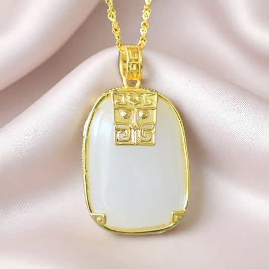 Hetian jade square gold-plated fretwork pendant necklace – with fine gold trim, featuring a classic, warm, and elegant Chinese style.