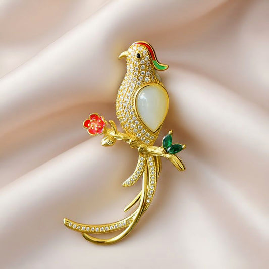 Bird and Fence Brooch in Hetian White Jade | Enamel Floral Corsage with Zircon Gold Plating and Bright, Natural Colors