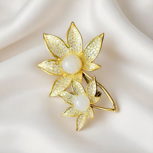Double Flower Hetian White Jade Brooch | Zircon Inlaid Gold-Plated Lily Corsage Brooch - Suitable for Everyday Wear