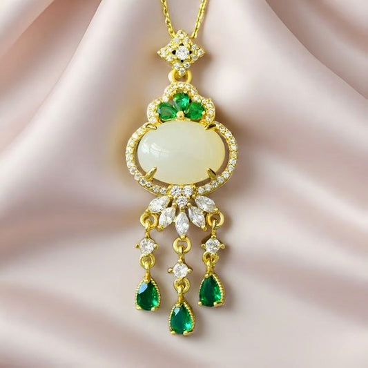 Hetian Jade and Emerald Pendant Necklace with Gold Floral Caps and Triple-Strand Tassels – Luxurious, Flowing, and Lively Tassel Design  Exquisite gift box