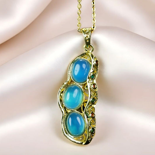 Sky blue chalcedony pendant necklace with three round pea pod beads, clear, fresh, lively, creative, cute, and symbolizing many children and blessings.