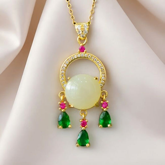 18K Gold, Hetian Jade, and Colored Gemstone Tassel Necklace — A precious gift for yourself or a loved one.