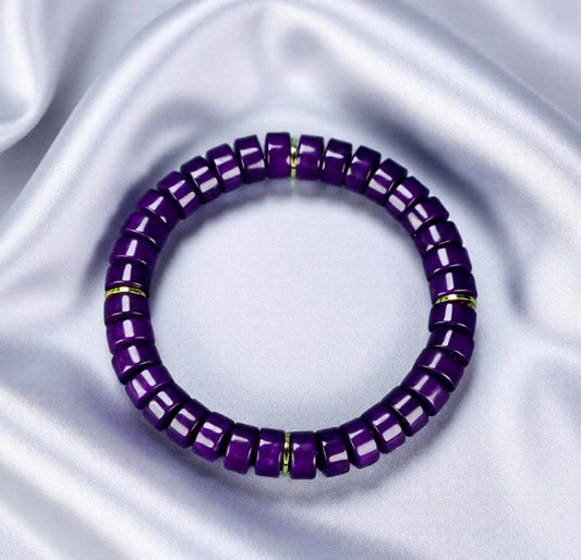 Deep purple Sugilite tablet-shaped bead and gold spacer ring stretch bracelet—exuding a profound, rich, noble, and mysterious aura.