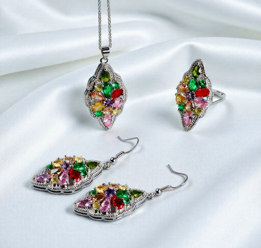 925 Silver Pear-shaped multicoloured gemstone pendant, ring, earrings 3-piece set, the best jewellery gift for mum and wife, comes in a beautiful box