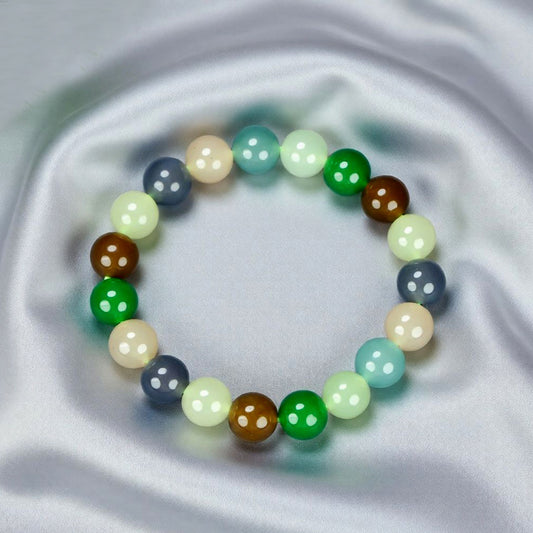 Multicolored natural jade beads, large round beads, mixed elastic bracelet, emerald green, mint white, milky white, gray, blue, brown, tiger eye, five colors strung together.