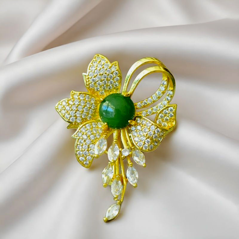 Jadeite Heart Butterfly Flower Brooch | Fully Inlaid Zircon Gold-Plated Tassel Brooch with Exquisite Inlay  Exquisite Gift Box