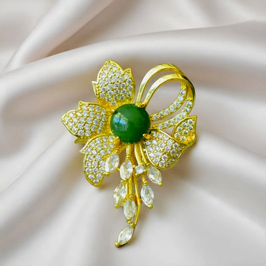 Jadeite Heart Butterfly Flower Brooch | Fully Inlaid Zircon Gold-Plated Tassel Brooch with Exquisite Inlay  Exquisite Gift Box